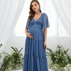 Maternity Plunging Neck Flounce Sleeve Layered Hem Gown